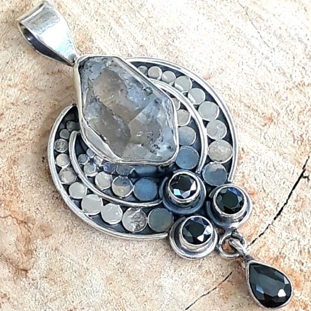 Handmade Herkimer Diamond and Black Onyx Pendant